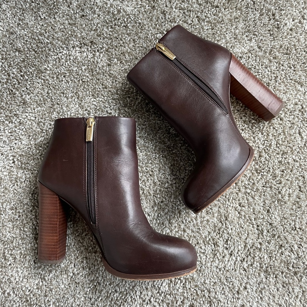 Brown Leather Chunky High Heel Bootie - Picture 1 of 6